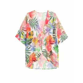 Women'S Floral Print Open Front Cardigan, Polyester Half Sleeve Casual Top with Collarless Design and Non-Stretch Fabric for Spring/Summer/Fall Festive Occasions