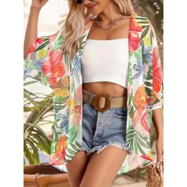 Women'S Floral Print Open Front Cardigan, Polyester Half Sleeve Casual Top with Collarless Design and Non-Stretch Fabric for Spring/Summer/Fall Festive Occasions