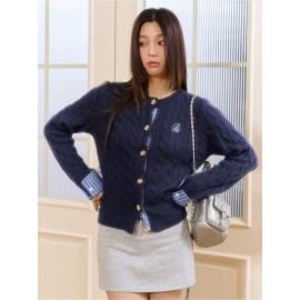 Women's Winter Cardigan Sweater - Off-Shoulder/Boat Neck Collegiate Style Color Block Plaid Patchwork Jacket, Machine Washable Patchwork Sweaters for Layering (Autumn/Winter)