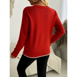 Women'S Snowflake Print Sweater - Winter Season, Holiday Style, Long Sleeves, Contrast Trim, Trendy Holiday Fashion, Ideal For Christmas Parties, Winter Outings, And Festive Events