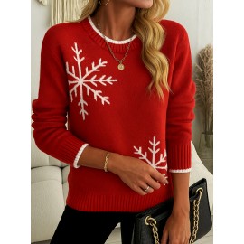 Women'S Snowflake Print Sweater - Winter Season, Holiday Style, Long Sleeves, Contrast Trim, Trendy Holiday Fashion, Ideal For Christmas Parties, Winter Outings, And Festive Events