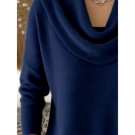 Christmas Green Elegant Long Sleeve Cowl Neck Sweater - Solid Color Minimalist Top, Women'S Winter Warm Pullover