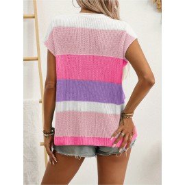 Women's Pastel Pink & Purple Striped Sweater - Oversized V-Neck Long Sleeve Blouse, Loose Fit Casual Summer Top with Round Neckline for Beach Outfits, Brunch Dates & Casual Attire, Machine Washable Layering Piece (Pink/Purple/White/Peach), Soft Fabric for Comfort, Relaxed Fit for Jeans Shorts & Dresses, Suitable for Beach Travel and Casual Outings