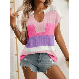 Women's Pastel Pink & Purple Striped Sweater - Oversized V-Neck Long Sleeve Blouse, Loose Fit Casual Summer Top with Round Neckline for Beach Outfits, Brunch Dates & Casual Attire, Machine Washable Layering Piece (Pink/Purple/White/Peach), Soft Fabric for Comfort, Relaxed Fit for Jeans Shorts & Dresses, Suitable for Beach Travel and Casual Outings