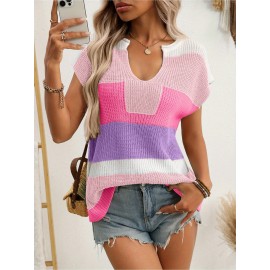 Women's Pastel Pink & Purple Striped Sweater - Oversized V-Neck Long Sleeve Blouse, Loose Fit Casual Summer Top with Round Neckline for Beach Outfits, Brunch Dates & Casual Attire, Machine Washable Layering Piece (Pink/Purple/White/Peach), Soft Fabric for Comfort, Relaxed Fit for Jeans Shorts & Dresses, Suitable for Beach Travel and Casual Outings