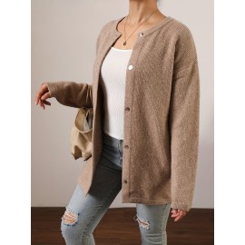 Women's Elegant Long Cardigan Sweater with Button Front Placket & Drop Shoulder Sleeves - Soft Winter Coat, Regular Length Fall/Winter Outerwear (No Chest Padding/) - Casual to Office Wear for Layering over Dresses, Blouses & Trousers