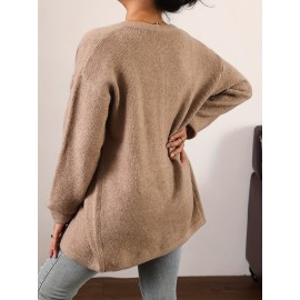 Women's Elegant Long Cardigan Sweater with Button Front Placket & Drop Shoulder Sleeves - Soft Winter Coat, Regular Length Fall/Winter Outerwear (No Chest Padding/) - Casual to Office Wear for Layering over Dresses, Blouses & Trousers