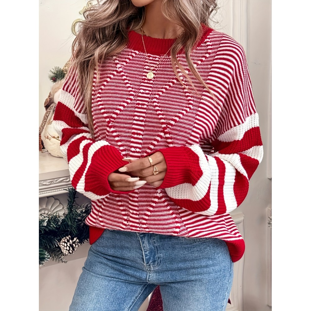 Women's Red & White Striped Sweater - Soft Stretchy Crewneck Sweater with Black Piping & Horizontal Stripes, Elegant Winter Sweater for Christmas Parties, Family Gatherings, Cozy Holiday Outfits (Pink/Beige/Brown/Navy) - Versatile