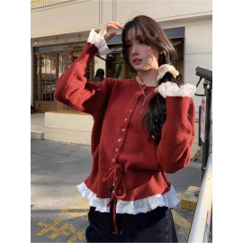 Women's Elegant Lace Patchwork & Tie Waist Loose Cardigan Sweater - Off-Shoulder/Boat Neck Jacket, Cozy Fall/Winter Outerwear, Machine Washable Layering Piece for Blouses & Trousers (Patchwork Design)
