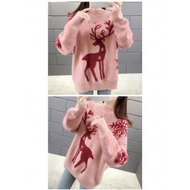 Women'S Elegant Deer Jacquard Sweater - Soft Round Neck Loose Fit Winter Sweater with Deer & Foliage Pattern, Cozy Fall Winter Sweater for Casual & Semi-Formal Outfits, Korean Fashion Style (GreenBrown) - Versatile Layering Piece