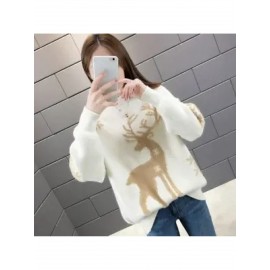 Women'S Elegant Deer Jacquard Sweater - Soft Round Neck Loose Fit Winter Sweater with Deer & Foliage Pattern, Cozy Fall Winter Sweater for Casual & Semi-Formal Outfits, Korean Fashion Style (GreenBrown) - Versatile Layering Piece