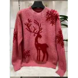 Women'S Elegant Deer Jacquard Sweater - Soft Round Neck Loose Fit Winter Sweater with Deer & Foliage Pattern, Cozy Fall Winter Sweater for Casual & Semi-Formal Outfits, Korean Fashion Style (GreenBrown) - Versatile Layering Piece