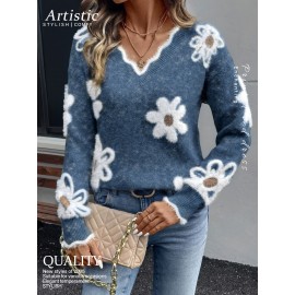 Block Long-Sleeve Sweater, Warm and Gentle with Plush Flower Prints and Lace V-Neck, Gentle Lazy and Sweet Fashionable and Elegant, Blue Color, Best-Selling Item on Pre-Order