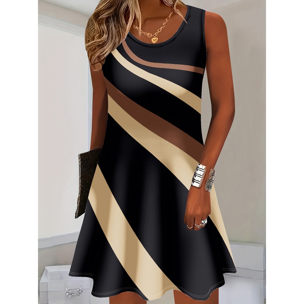 Women's Black & Beige Striped Sleeveless A-Line Dress - Casual Spring Summer Sundress with Round Neck, Machine Washable Beach Vacation Dress for Outdoor Activities, Beach Dresses