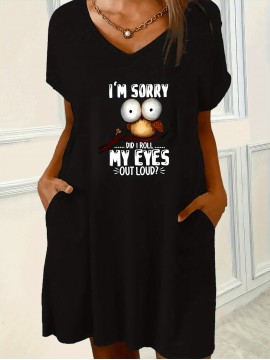 Plus Size Women's 'I'm Sorry' Owl Print Batwing Sleeve V-neck Pocket Nightdress- Lightweight Polyester Blend, Machine Washable, Spring/Summer Casual Nightwear, Home Relaxation Clothing| A dress with pockets| Polyester blend fabric