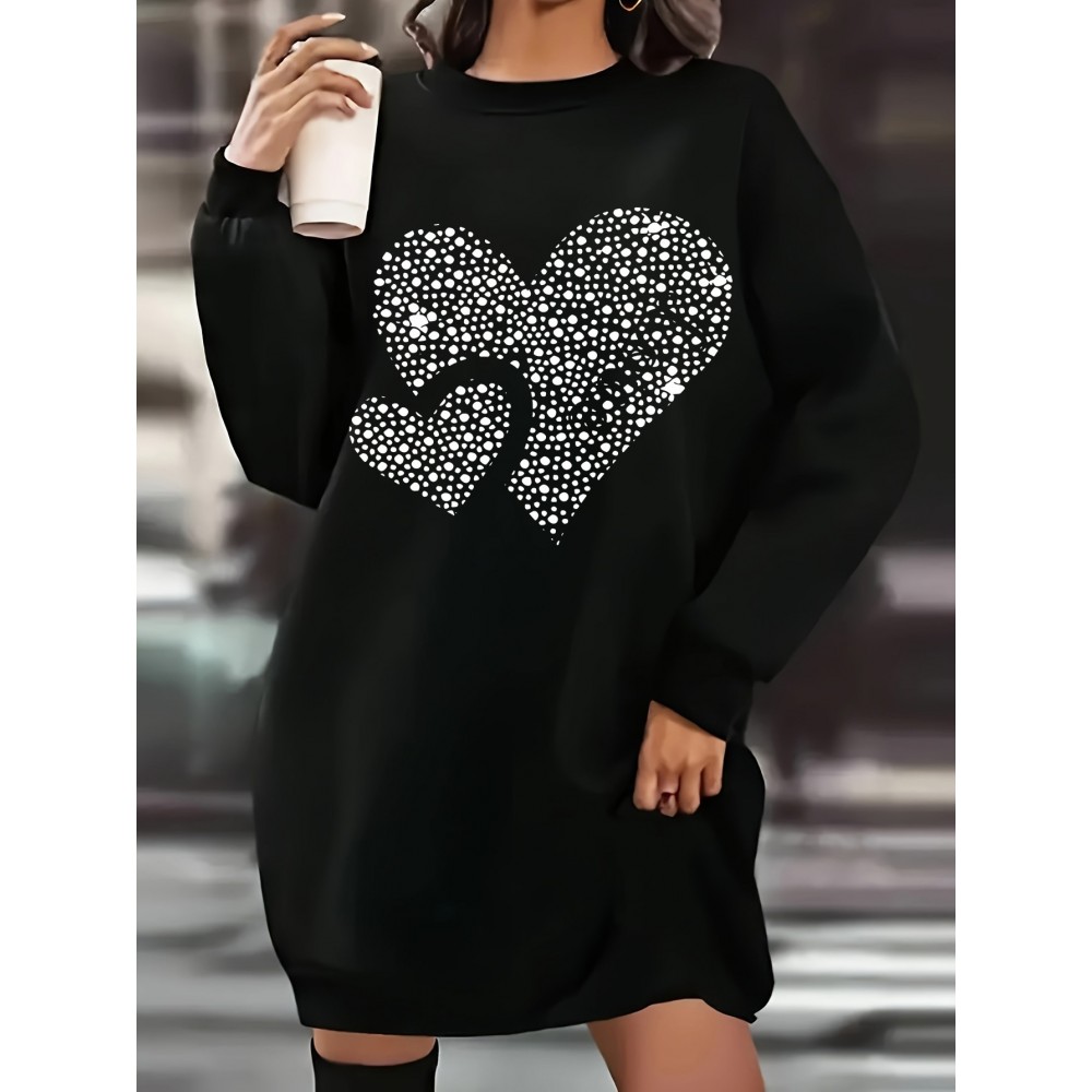 Plus Size - Plus Size Women'S Elegant Black Sequin Heart Print Sweater Skirt - Loose Fit Long Sleeve Crew Neck Pullover, Machine Washable Comfortable Fabric For Spring/fall Casual & Semi-formal Wear, Spring Fall Apparel