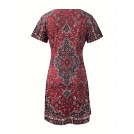Women'S Ethnic Print Summer Dress - V-Neck, Short Sleeve, Bodycon Fit, Long Length, Flared Hem, Casual Style for Outdoor Activities, Casual Summer Dress | Vneck Dress | Stretchy Fabric