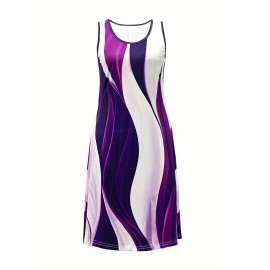 Summer New Arrival Women'S Resort-Style Color-Block Stripe Print Tank Dress- Purple/ White/ Black Round Neck Sleeveless, Lightweight Breathable Machine-Washable for Beach Vacations, Casual Outings& Weekend Getaways, Summer Tank Tops