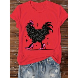 Women'S Red Cartoon Rooster & Stars Print T-Shirt - Loose Fit Crew Neck Short Sleeve, Breathable Summer Top with & Pink Rooster Design, Casual & Party Wear, Machine Washable Soft Everyday Shirt for Women