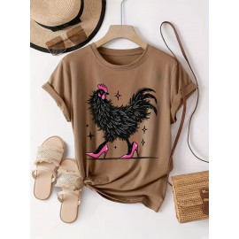 Women'S Red Cartoon Rooster & Stars Print T-Shirt - Loose Fit Crew Neck Short Sleeve, Breathable Summer Top with & Pink Rooster Design, Casual & Party Wear, Machine Washable Soft Everyday Shirt for Women