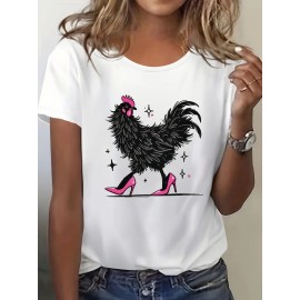 Women'S Red Cartoon Rooster & Stars Print T-Shirt - Loose Fit Crew Neck Short Sleeve, Breathable Summer Top with & Pink Rooster Design, Casual & Party Wear, Machine Washable Soft Everyday Shirt for Women