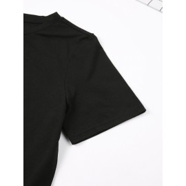 Fashion Letter Anime Print Women's Round Neck T-Shirt, Simple Design, Comfortable and Breathable, Versatile Essential, Suitable for Daily Casual Wear, Showcasing Natural and Elegant Style, Local Shipping