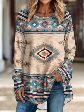 Women'S Southwest-Style Geometric Print Long-Sleeve Top - Elastic V-Neck Casual Shirt, Machine Washable Translucent Fabric with Turquoise/Orange/Black/Beige/White/Gray Patterns, Resort Wear & Everyday Elegant Blouse for Fall Winter Layering, Southwestern Bohemian Style Clothing, Regular Fit with Intricate Geometric Design, Stretchy Material for Comfort, Spring/Summer Wear, Pullover Style with Long Sleeves, Women Top And Blouse, V Neck T Shirt For Women, Fall Shirt For Women, White Top