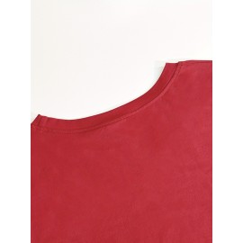 Women's Red Christmas Tree Print Long Sleeve T-Shirt - Golden Star & Swirl Holiday Top, Loose Fit Casual Round Neck Blouse for Parties, Casual Attire & Xmas Outfits (Golden/Green, All-Season)