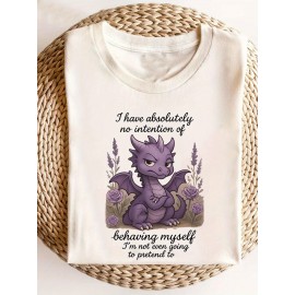 Women's Casual Short Sleeve Round Neck T-Shirt - 100% Breathable Geometric Print Tee with Purple Dragon & Floral Design, 