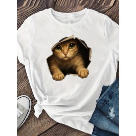 [Cute Orange Kitten T-Shirt] Lightweight Comfortable Fit Women's Cute Orange Kitten Peeking from Torn Hole Graphic T-Shirt - Red Casual Everyday Tee for Pet Lovers - Medium Elasticity Fabric Spring Summer Apparel
