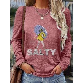 Women'S Long Sleeve T-Shirt - White Top with SALTY Graphic, Crew Neck Casual Everyday Shirt for Women, All-Season Everyday & Party Outfits - from Local Warehouse, Versatile Clothing, Playful Design, Quality Stitching, Stylish Blouse, Fashion Lovers