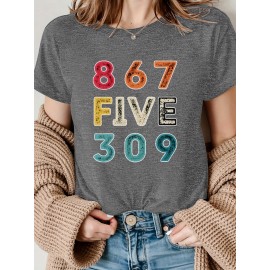 [Vibrant Graphic Tee] Vibrant Purple Women's Casual Short-Sleeve T-Shirt with Bold 867 FIVE 309 Graphic Print | Round Neck Top, Sporty Comfort Fit, Machine Washable Spring Summer Tee, Ladies T Shirts, Casual Attire, Soft Fabric