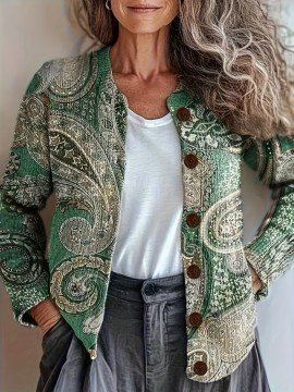 Plus Size - Elegant 2D Printed Geometric Pattern Cardigan - Cozy Fall/Winter Sweater with Button Details, Stretchy Fabric, Long Sleeve, Round Neck, Autumn Winter Apparel | Stylish Cardigan | Constructi