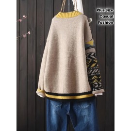 Plus Size, Women's Casual Geometric Color Block V-Neck Cardigan - Loose Fit Spring/Fall Sweater with Yellow & Brown Patterns, Machine Washable, Cute Sweaters, Fall Fashion, Stylish Knitwear, Cozy Fabric, Versatile Top, Spring Collection