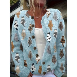 Plus Size, Women's Plus Size Print Cardigan Jacket - Oversized Collar Long Sleeve Coat with Face & Paw Button Patterns, Spring/Fall Casual Outerwear (Turquoise) - Hand Washable Sweater for Large Women, -Themed Events & Everyday