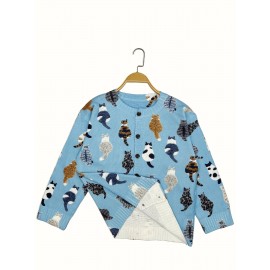 Plus Size, Women's Plus Size Print Cardigan Jacket - Oversized Collar Long Sleeve Coat with Face & Paw Button Patterns, Spring/Fall Casual Outerwear (Turquoise) - Hand Washable Sweater for Large Women, -Themed Events & Everyday