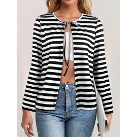 Plus Size - Plus Size, Women'S Plus-Size Elegant Long Sleeve Cardigan - Tie-Up Front, All-Over Black & White Horizontal Lines, Open Front Closure, Non-Stretchy Fabric for Fall/Winter Layering - Office, Party, Everyday Outfits - Women'S Sweater, Cardigan Sweater, Winter Layering Piece, Round Neckline, Durable Knitwear, Office Attire, Classic Design, Quality Stitching, Stylish Sweater, Fashion Lovers
