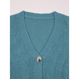 [Plus Size Cable Cardigan] Plus Size Women's Cable Cardigan - V-Neck, Loose Fit, Long Sleeve, Solid Teal, Medium Stretch, Fall/Winter, Casual & Outdoor Wear | Cardigan Sweater