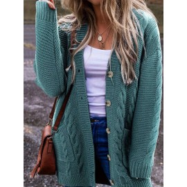 [Plus Size Cable Cardigan] Plus Size Women's Cable Cardigan - V-Neck, Loose Fit, Long Sleeve, Solid Teal, Medium Stretch, Fall/Winter, Casual & Outdoor Wear | Cardigan Sweater
