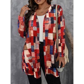 Plus Size, Women's Plus Size Oversized Geometric Pattern Cardigan Sweater - Long Sleeve Winter Warm Coat with Multicolor (Red/Blue/Black/White/Beige/Brown) | Machine Washable Casual & Formal Outerwear for Fall Winter Layering | Cozy Sweater Jacket, Oversized Sweaters for Women, Winter Jacket for Women Plus Size, Plus Size Cardigan, Lightweight Cardigan for Women, Plus Size Winter Coats for Women, Cold Weather Wear, Stylish Knitwear, Soft Fabric, Comfortable Texture