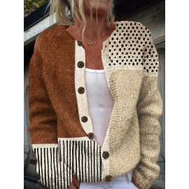 Plus-Size Women's Lightweight Cardigan - Spring/Autumn Open Front Sweater with Digital Print (Brown/White/Beige/Patterned), Round Neck Long Sleeve Button Front for Casual & Resort Wear, Cardigan Sweater, Spring Outerwear, Trendy Knitwear, Cozy Feel Fabric