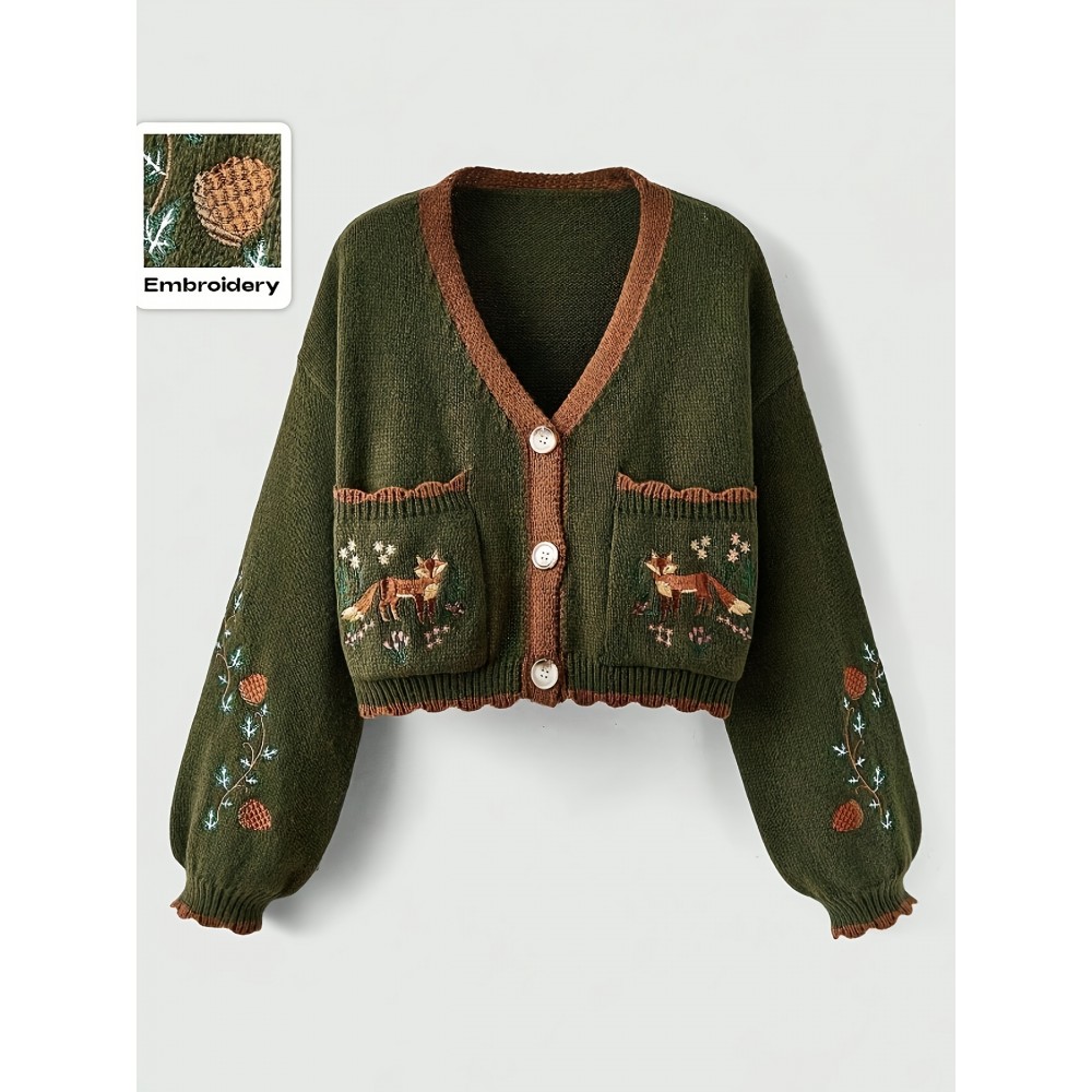 [Plus Size Cardigan] Cozy Green Plus Size Women's V-Neck Cardigan | Long Sleeves, Front Buttons, Pockets, Floral & Animal Embroidery, Brown Trim | Winter Knit Outerwear, Stylish Button Closure, Detailed Embroidery
