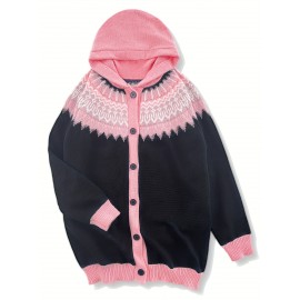 Plus Size, 2D FLAT PATTERN Soft Jacquard Glacier Snow Mountain Hooded Cardigan, Elegant, Fashionable, Comfortable, Casual And Retro Hooded Coat