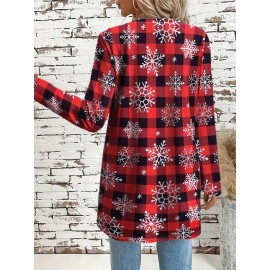 Plus Size, Plus Size Women's Red & Black Plaid Christmas Snowflake Cardigan Sweater - Soft Machine-Washable Winter Coat, Cozy -Free Jacket for Holiday & Casual Attire, Casual Winter Outfits (No Collar, Durable Plus Size Clothing)