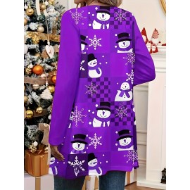 Plus Size - Women'S Christmas plus size Cardigan- Red& Black Checkered Snowman Pattern Longline Loose Fit Lightweight Warm Winter Coat, Machine Washable Elegant Holiday Party Outerwear, Festive Clothing, Comfortable Fabric
