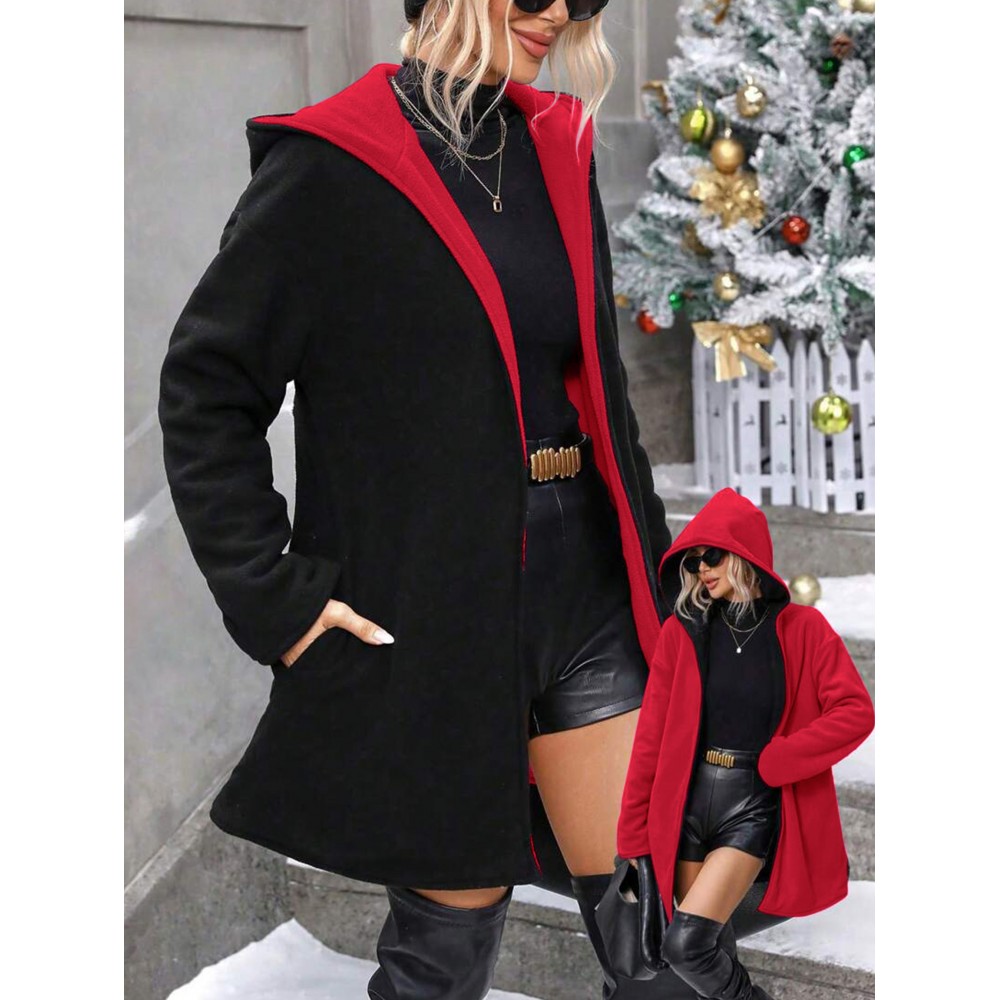 Plus Size, Plus Size Winter Reversible Hooded Jacket with Pockets - Elegant -Like Collar & Lap Jacket, Burgundy/Black Color-Block Coat, Machine Washable Long Outerwear for Plus-Size Ladies (No Closure, Fall/Winter)