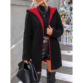 Plus Size, Plus Size Winter Reversible Hooded Jacket with Pockets - Elegant -Like Collar & Lap Jacket, Burgundy/Black Color-Block Coat, Machine Washable Long Outerwear for Plus-Size Ladies (No Closure, Fall/Winter)