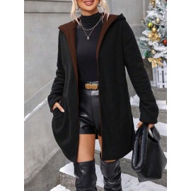 Plus Size, Plus Size Winter Reversible Hooded Jacket with Pockets - Elegant -Like Collar & Lap Jacket, Burgundy/Black Color-Block Coat, Machine Washable Long Outerwear for Plus-Size Ladies (No Closure, Fall/Winter)