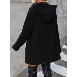 Plus Size, Plus Size Winter Reversible Hooded Jacket with Pockets - Elegant -Like Collar & Lap Jacket, Burgundy/Black Color-Block Coat, Machine Washable Long Outerwear for Plus-Size Ladies (No Closure, Fall/Winter)