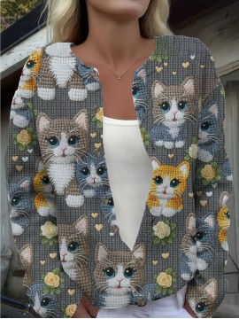 Plus Size, Plus-Size Women's Oversized 3D Printed & Kitten Cardigan Sweater - Soft Polyester Jacket with Button Front, Cute Tabby/Tuxedo/Calico Patterns, Spring/Fall Outerwear (Machine Washable) for Pet Lovers